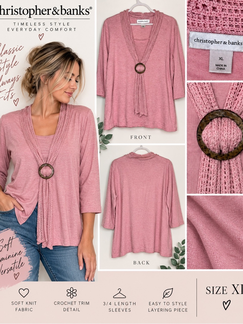 christopher & banks Pink Crochet-Trim 3/4 Sleeve Layering Top